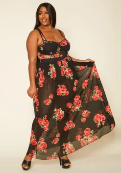Plus Size Rose Print Sheer Maxi Dress