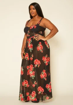 Plus Size Rose Print Sheer Maxi Dress -Asoph Fashion Shop 2020407 001 3