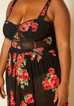Plus Size Rose Print Sheer Maxi Dress -Asoph Fashion Shop 2020407 001 5
