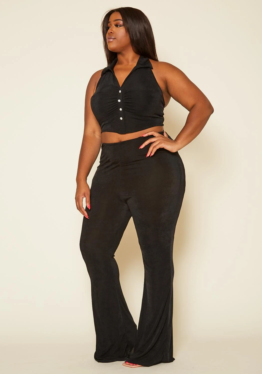 Plus Size Ruched Halter Top & Pants Set 2 Plus Size Ruched Halter Top & Pants Set - Image 2