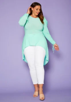 Plus Size High-Low Ruched Puffed Sleeves Top