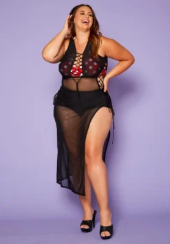 Plus Size Lace Up Sheer Tank Midi Dress Cover Up