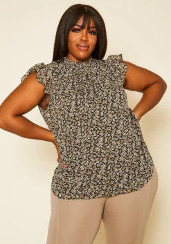 Pleione Plus Size Floral Print Mock Neck Short Sleeve Top