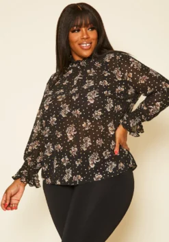 Pleione Plus Size Floral Print Mock Neck Top