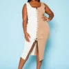 Plus Size Ribbed Two Tone Lace Up Midi Dress