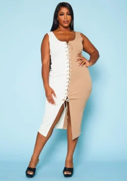 Plus Size Ribbed Two Tone Lace Up Midi Dress