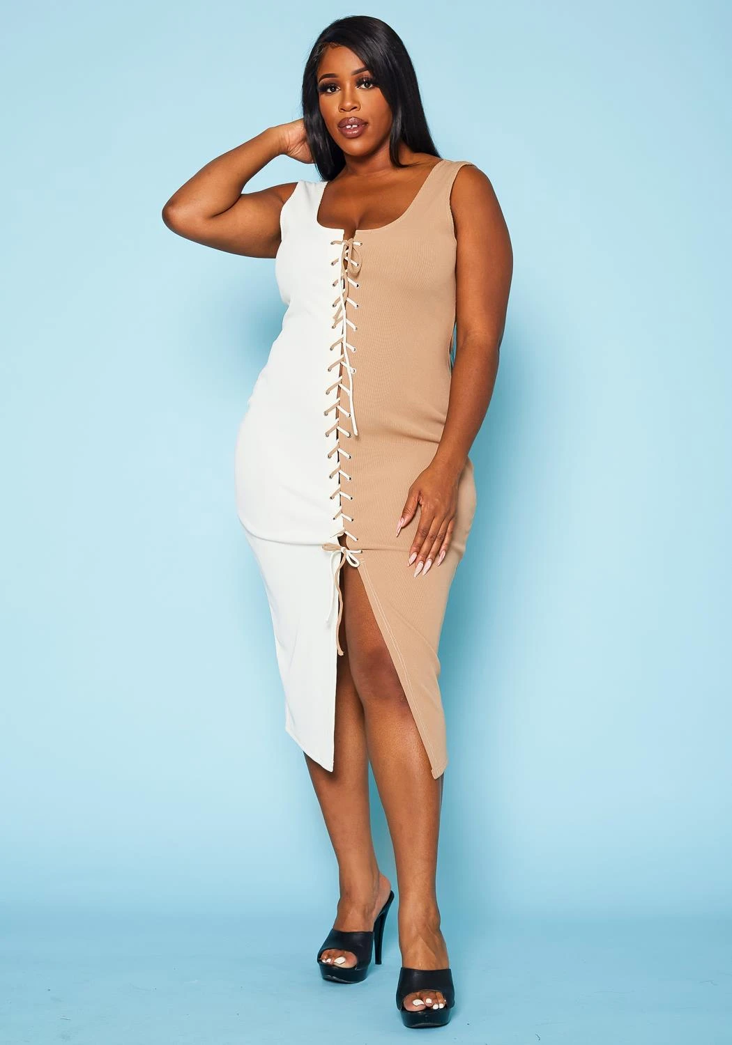 Plus Size Ribbed Two Tone Lace Up Midi Dress 2 Plus Size Ribbed Two Tone Lace Up Midi Dress - Image 2