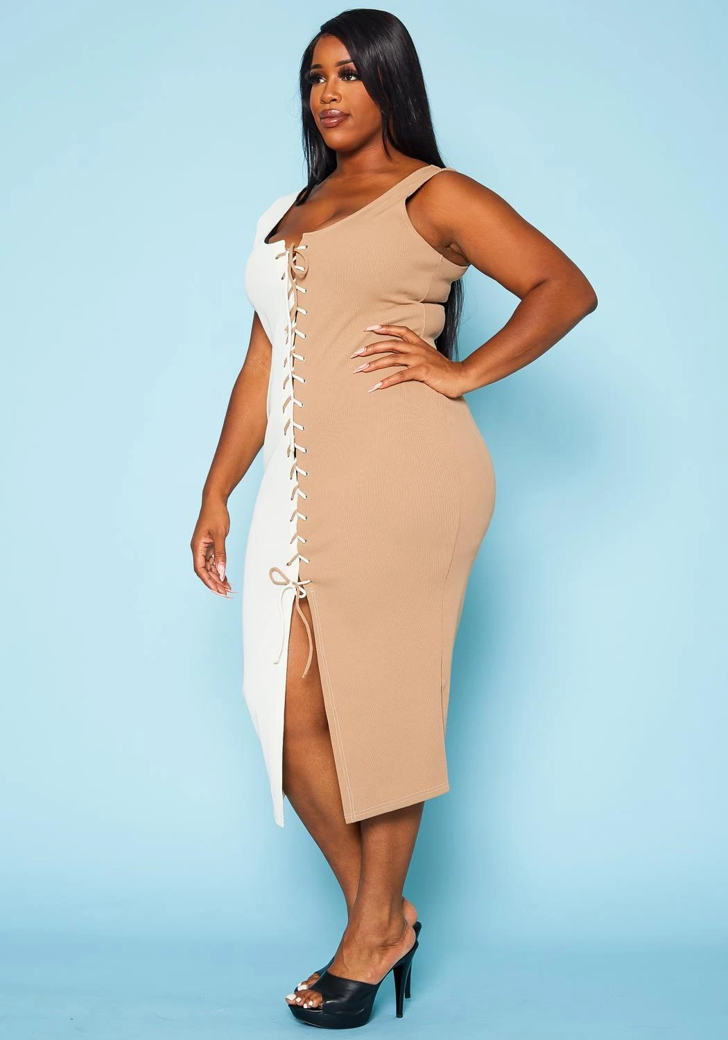 Plus Size Ribbed Two Tone Lace Up Midi Dress 3 Plus Size Ribbed Two Tone Lace Up Midi Dress - Image 3