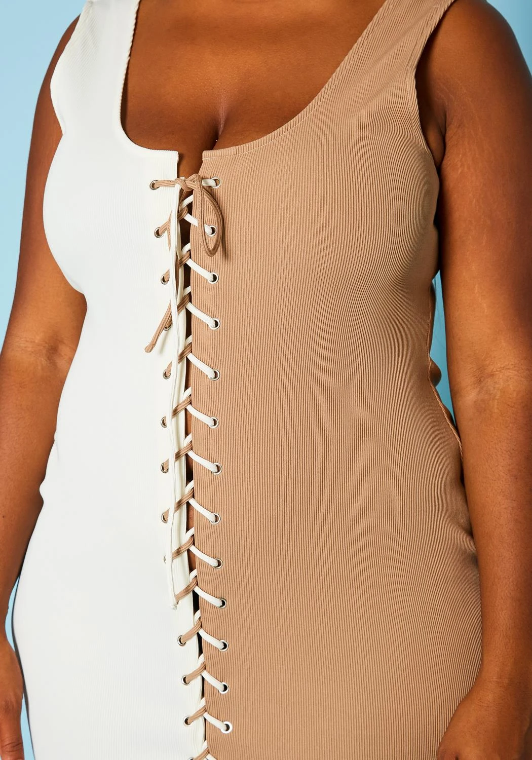 Plus Size Ribbed Two Tone Lace Up Midi Dress 5 Plus Size Ribbed Two Tone Lace Up Midi Dress - Image 5
