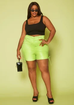 Plus Size Faux Leather Ruched High Waist Shorts