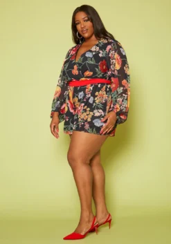 Plus Size Long Sleeve Floral Romper -Asoph Fashion Shop 2020473 001 3