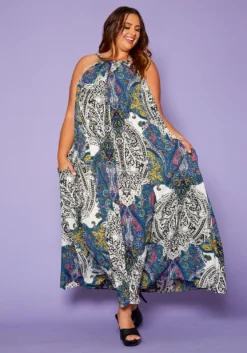 Asoph Plus Size Paisley Print Maxi Flare Dress