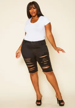 Plus Size Distressed Denim Bermuda Shorts