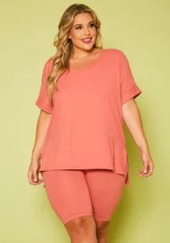 Plus Size V-Neck Tee Shirt & Biker Shorts Set