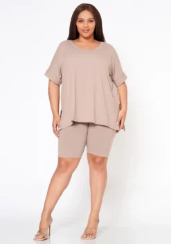 Plus Size V-Neck Tee Shirt & Biker Shorts Set