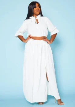 Plus Size Ruffled Mock Neck Crop Top & Maxi Skirt Set