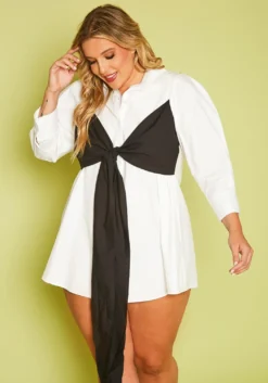 Plus Size Collar Neck Front Tie Mini Dress