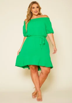 Plus Size Shirred Off Shoulder High Low Dress