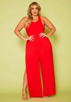 Plus Size Halter Top Wide Leg Slit Jumpsuit -Asoph Fashion Shop 2020616 001 3