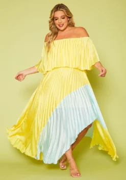 Plus Size Two Tone Pleated Asymmetrical Maxi Dress