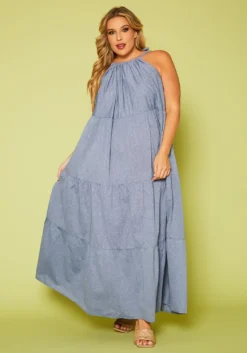 Plus Size Halter Neck Flare Maxi Dress