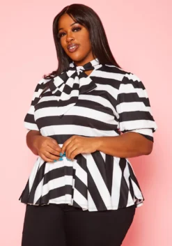 Plus Size Striped Bow Collar Peplum Top -Asoph Fashion Shop 2020661 001 3