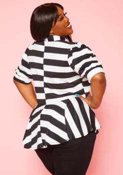 Plus Size Striped Bow Collar Peplum Top -Asoph Fashion Shop 2020661 001 4