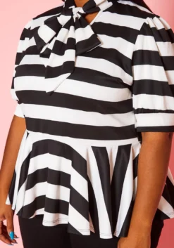 Plus Size Striped Bow Collar Peplum Top -Asoph Fashion Shop 2020661 001 5