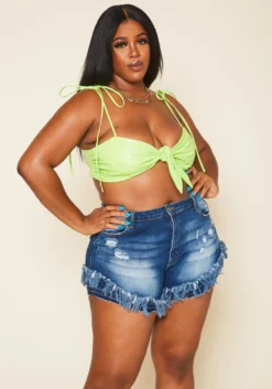 Plus Size Fray Hem Blue Denim Fitted Shorts