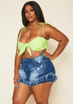 Plus Size Fray Hem Blue Denim Fitted Shorts -Asoph Fashion Shop 2020675 001 2