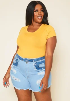 Plus Size High Rise Distressed Denim Shorts