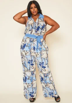 Plus Size Multi Print Collar Jumpsuit