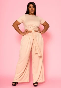 Plus Size Tie Front Crop Top & Wide Flare Pants Set