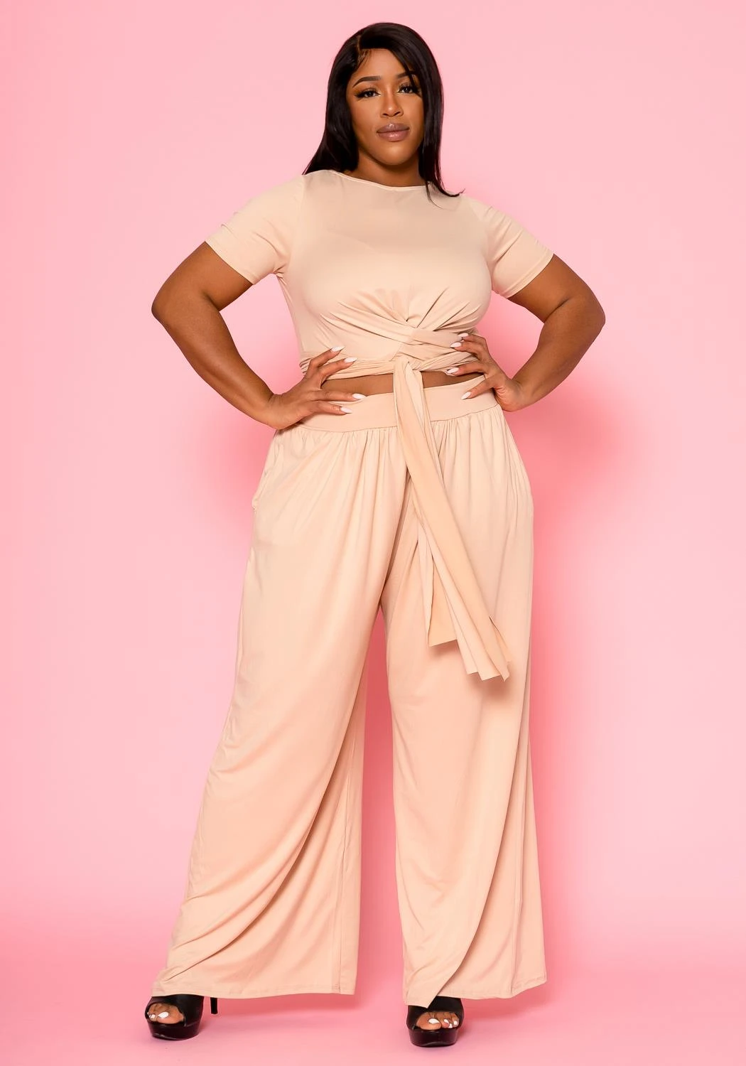 Plus Size Tie Front Crop Top & Wide Flare Pants Set 1 Plus Size Tie Front Crop Top & Wide Flare Pants Set