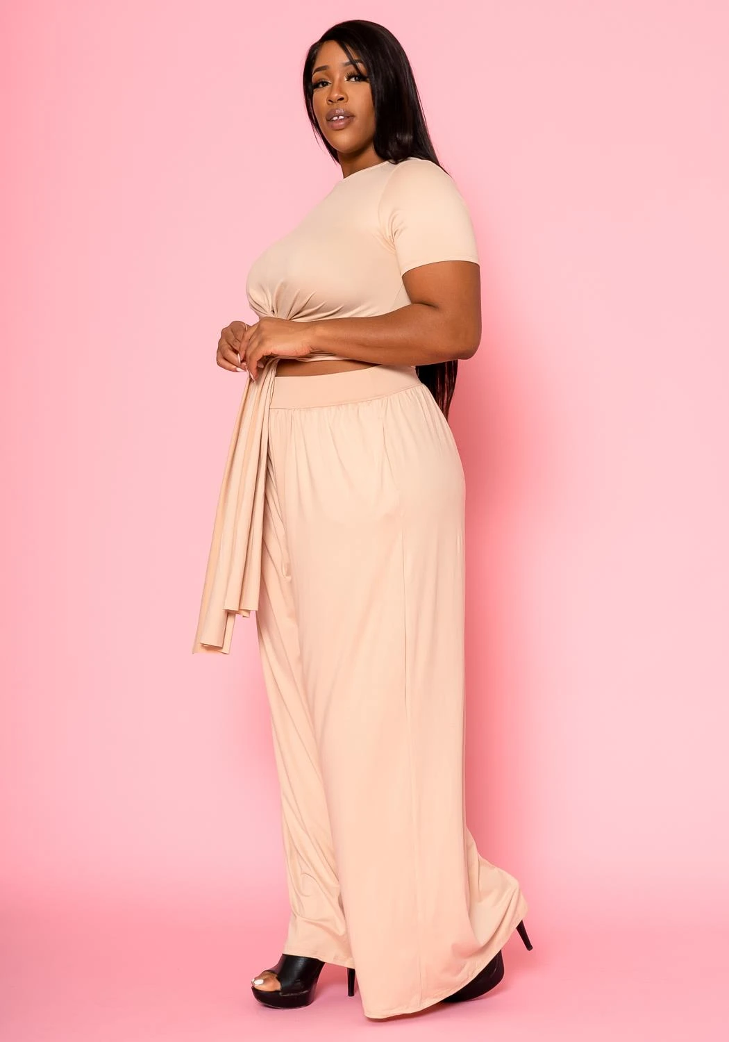 Plus Size Tie Front Crop Top & Wide Flare Pants Set 3 Plus Size Tie Front Crop Top & Wide Flare Pants Set - Image 3
