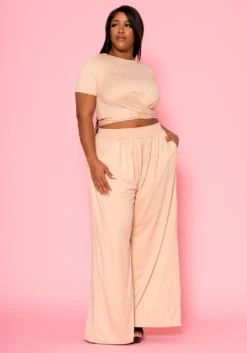 Plus Size Tie Front Crop Top & Wide Flare Pants Set 9 Plus Size Tie Front Crop Top & Wide Flare Pants Set -Asoph Fashion Shop 2020689 003 5