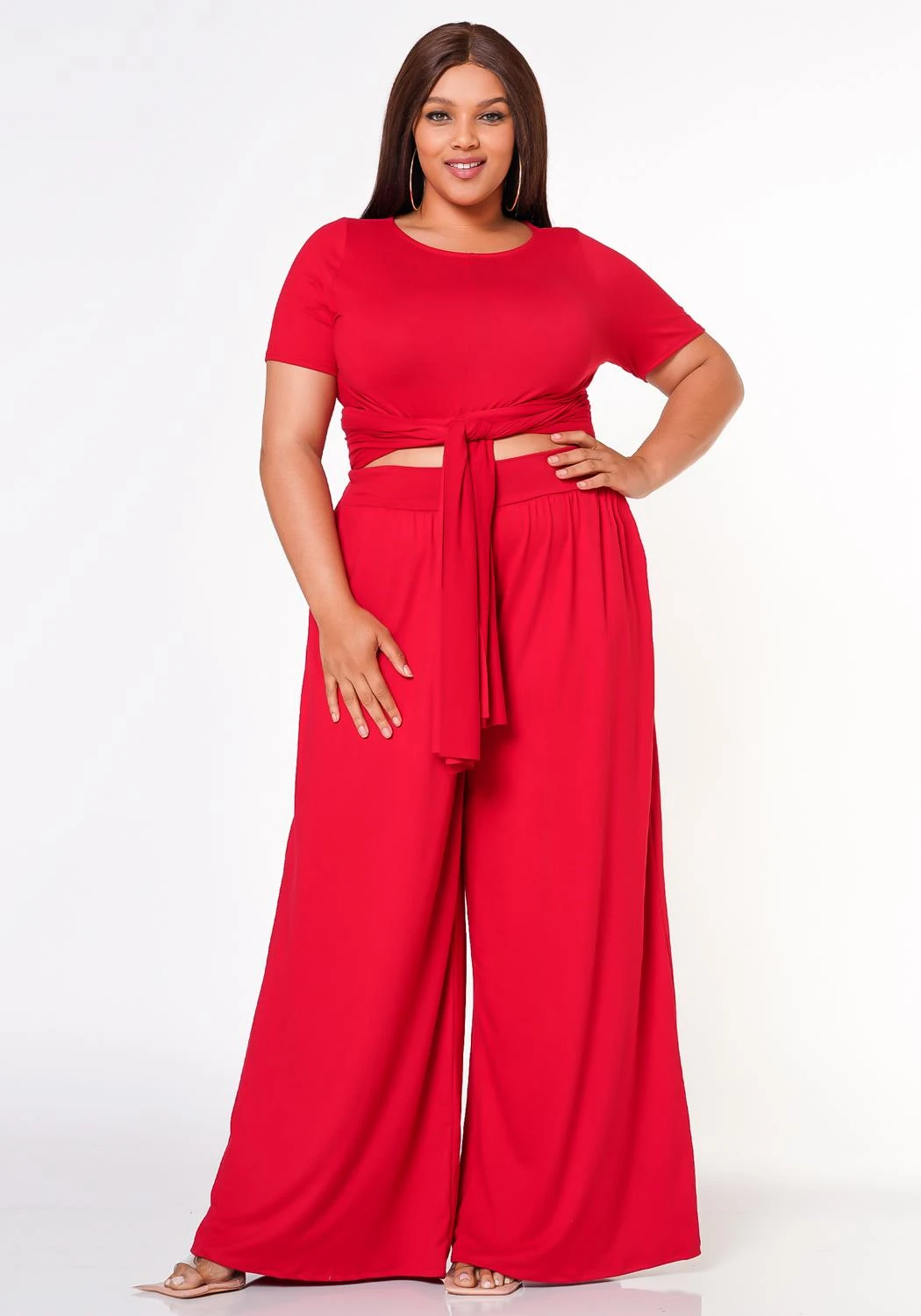 Plus Size Tie Front Crop Top & Wide Flare Pants Set 1 Plus Size Tie Front Crop Top & Wide Flare Pants Set