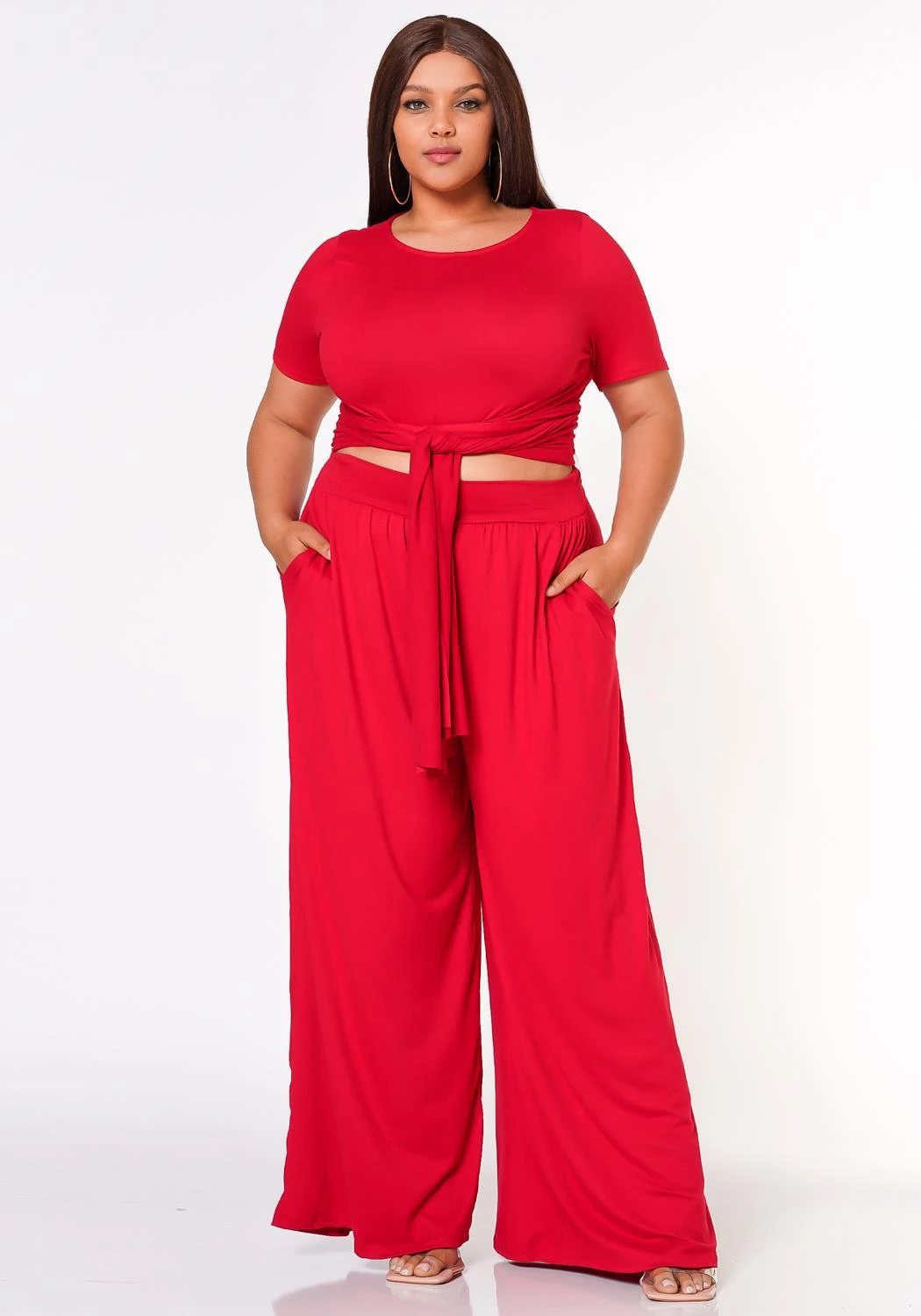Plus Size Tie Front Crop Top & Wide Flare Pants Set 2 Plus Size Tie Front Crop Top & Wide Flare Pants Set - Image 2