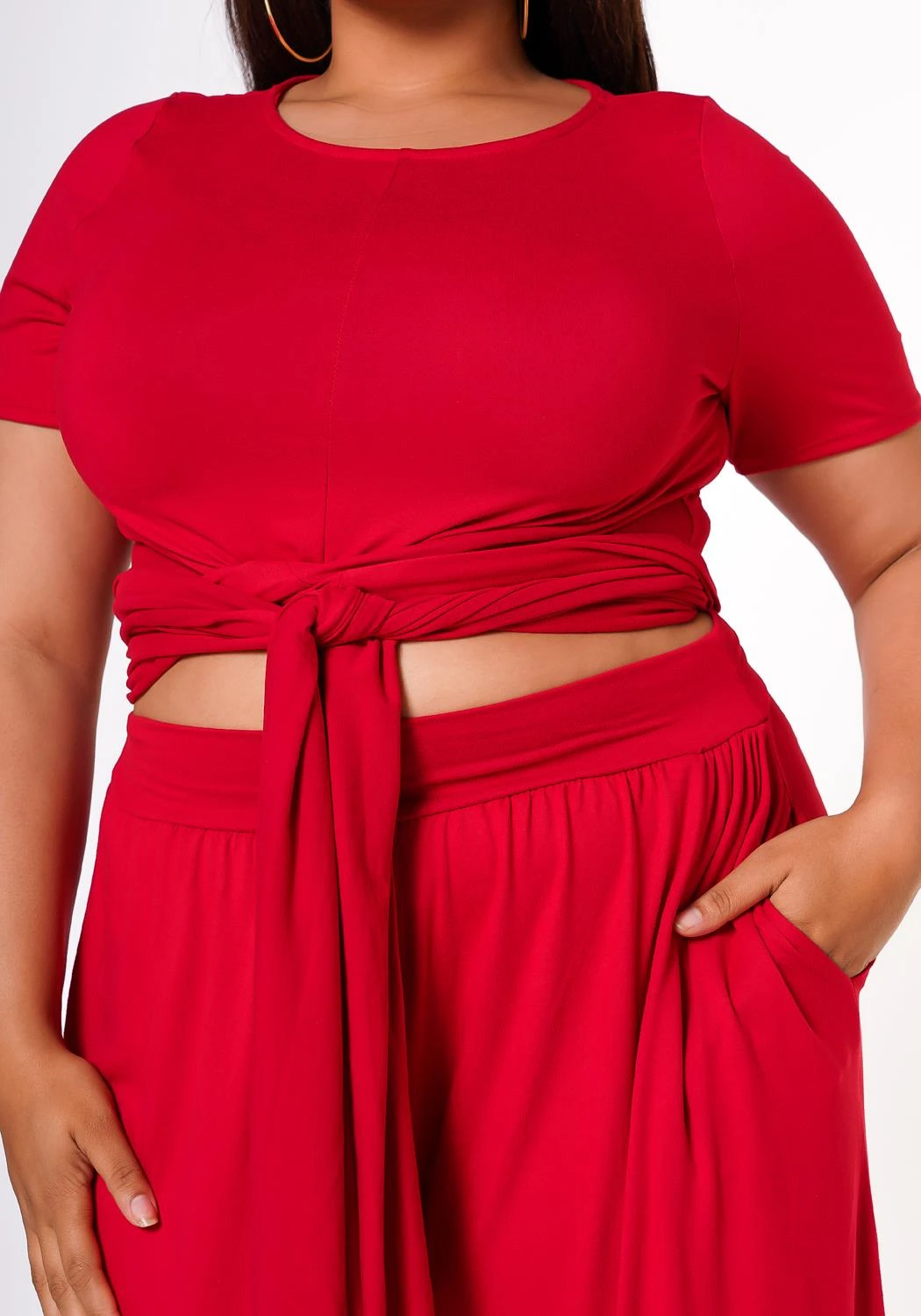 Plus Size Tie Front Crop Top & Wide Flare Pants Set 5 Plus Size Tie Front Crop Top & Wide Flare Pants Set - Image 5