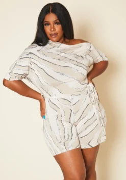 Plus Size Abstract Print Cold Shoulder Romper