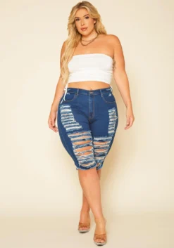 Plus Size Distressed High Waist Biker Shorts