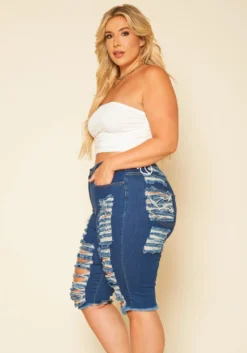 Plus Size Distressed High Waist Biker Shorts -Asoph Fashion Shop 2020738 001 2