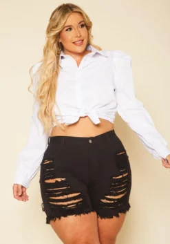Plus Size Distressed Denim High Waist Shorts