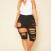 Plus Size Distressed High Waist Biker Shorts