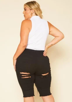 Plus Size Distressed High Waist Biker Shorts -Asoph Fashion Shop 2020741 001 4