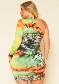 Plus Size Multi Print One Sleeve Mini Dress -Asoph Fashion Shop 2020770 001 3