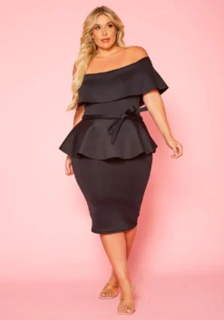 Plus Size Off Shoulder Peplum Midi Dress