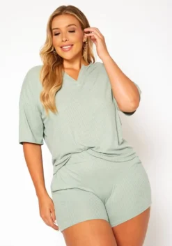 Plus Size Ribbed Casual T Shirt & Shorts Set