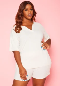 Plus Size Ribbed Casual T Shirt & Shorts Set