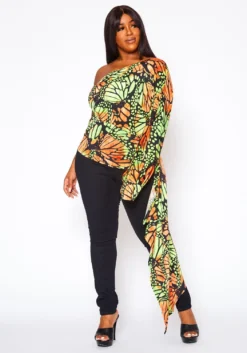 Plus Size Print One Sleeve Drape Hem Blouse
